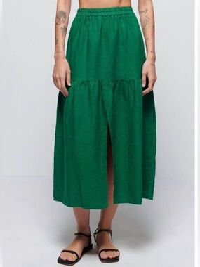 NATION LTD Esmeralda Skirt 100% Linen in Verdant Green Size L